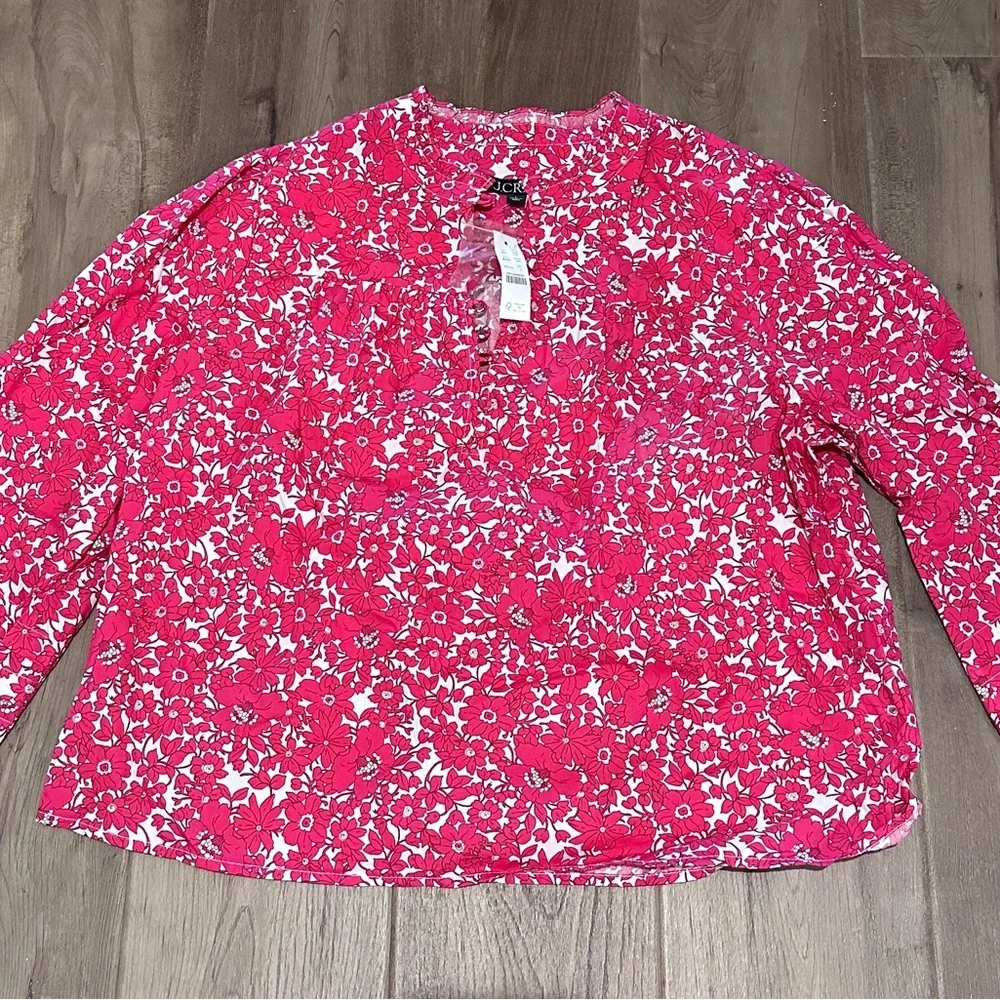 NWT Button-front ruffleneck popover in blushing meadow cotton poplin size large - Picture 3 of 8